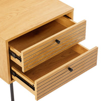Line 2 Drawer Bedside Table Oak and Black, angled view with both drawers open