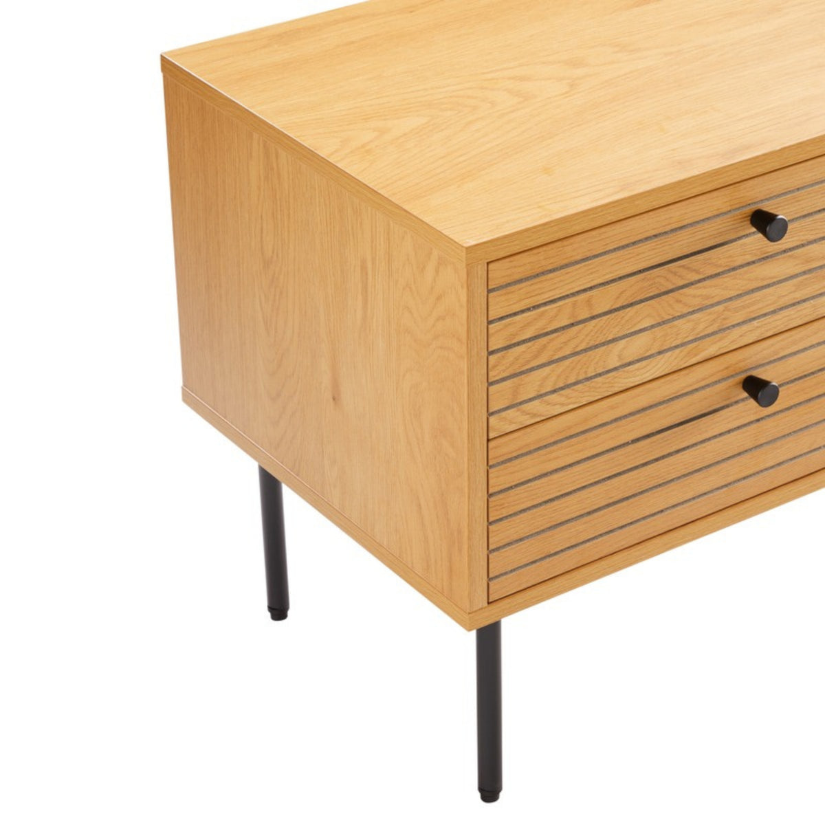 Line 2 Drawer Bedside Table Oak and Black, angled view of the side and legs