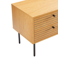 Line 2 Drawer Bedside Table Oak and Black, angled view of the side and legs