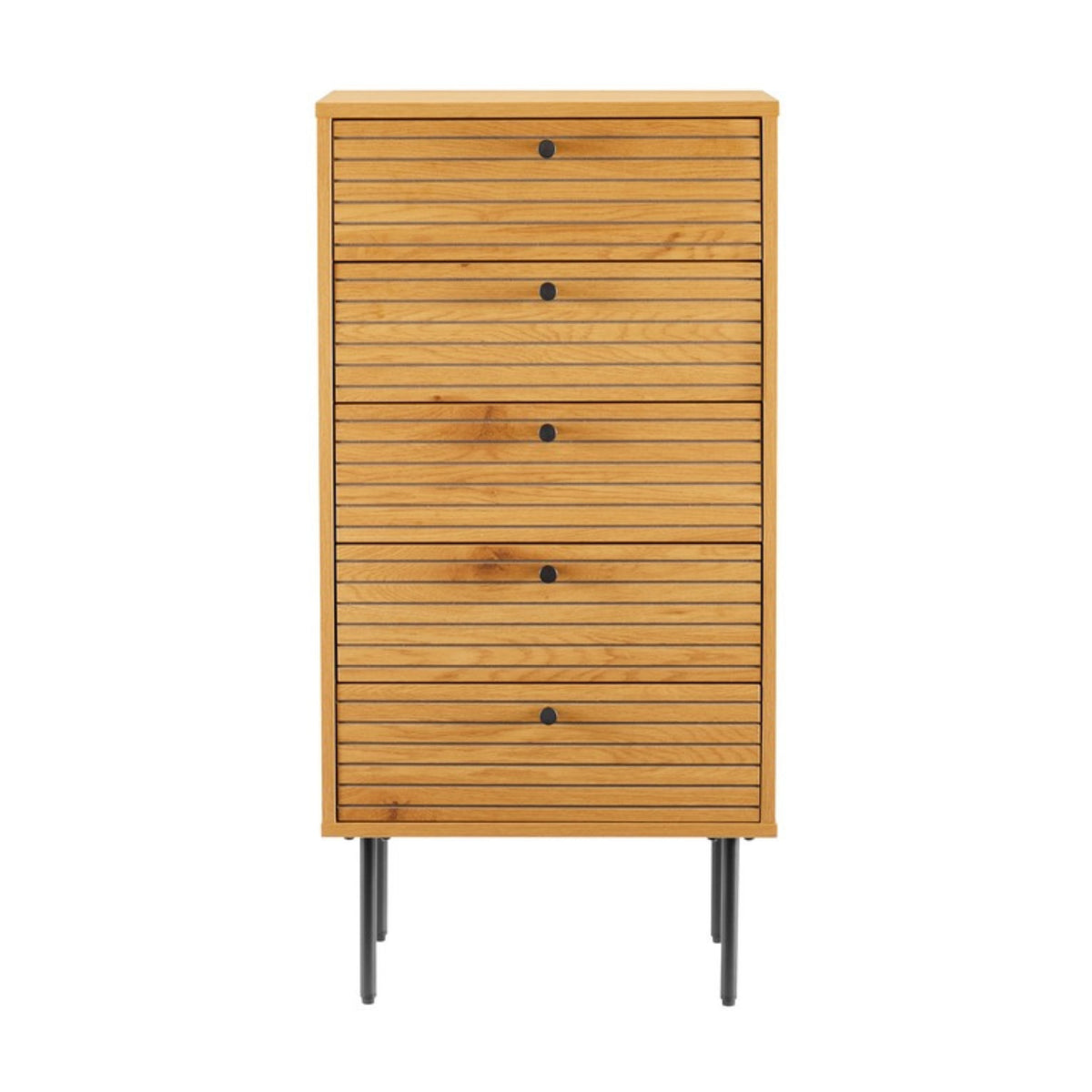 Line 50cm Tallboy Chest of 5 Drawers Oak and Black, front view on a white background