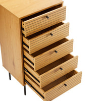 Line 50cm Tallboy Chest of 5 Drawers Oak and Black, angled view with the drawers open