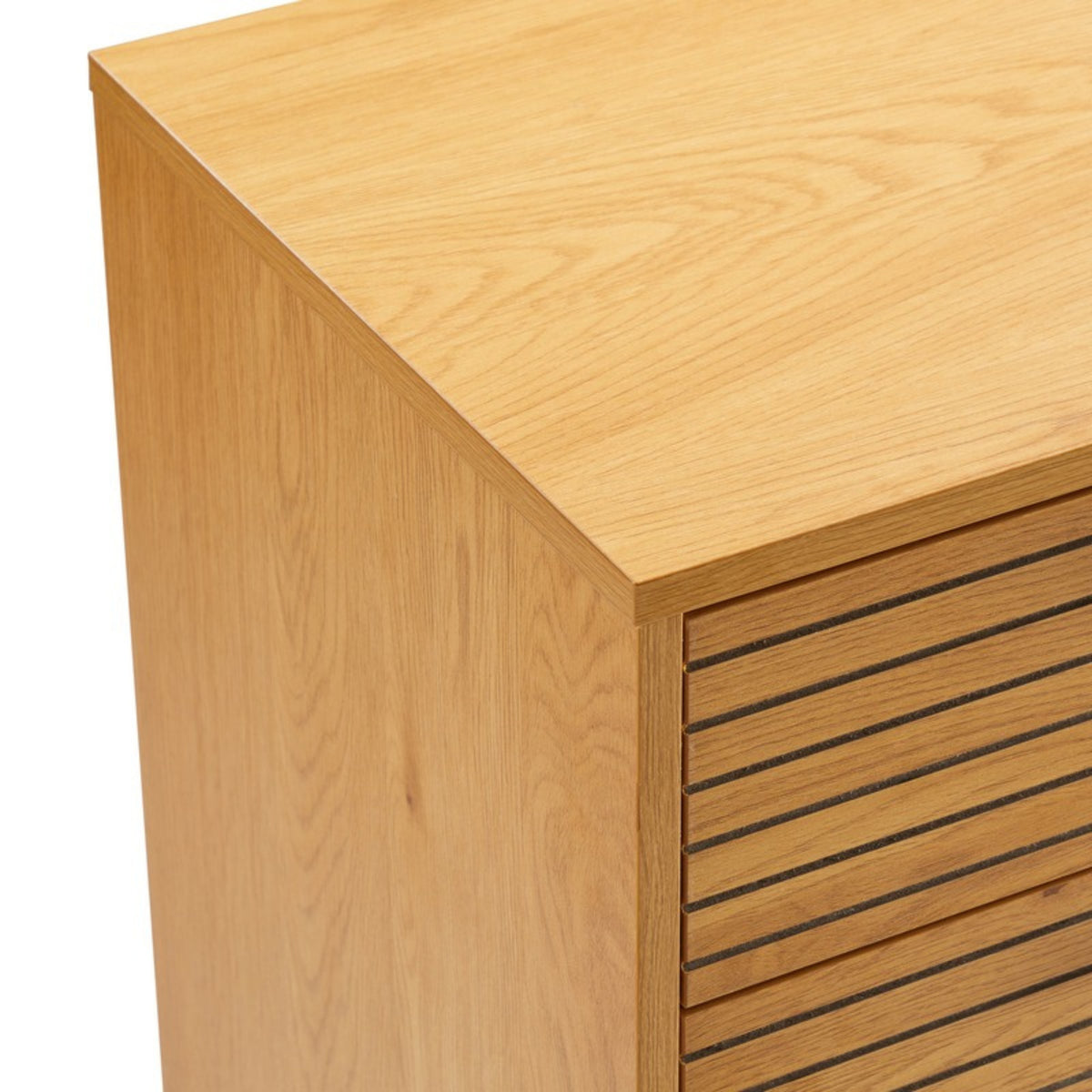 Line 50cm Tallboy Chest of 5 Drawers Oak and Black, close-up of the top corner