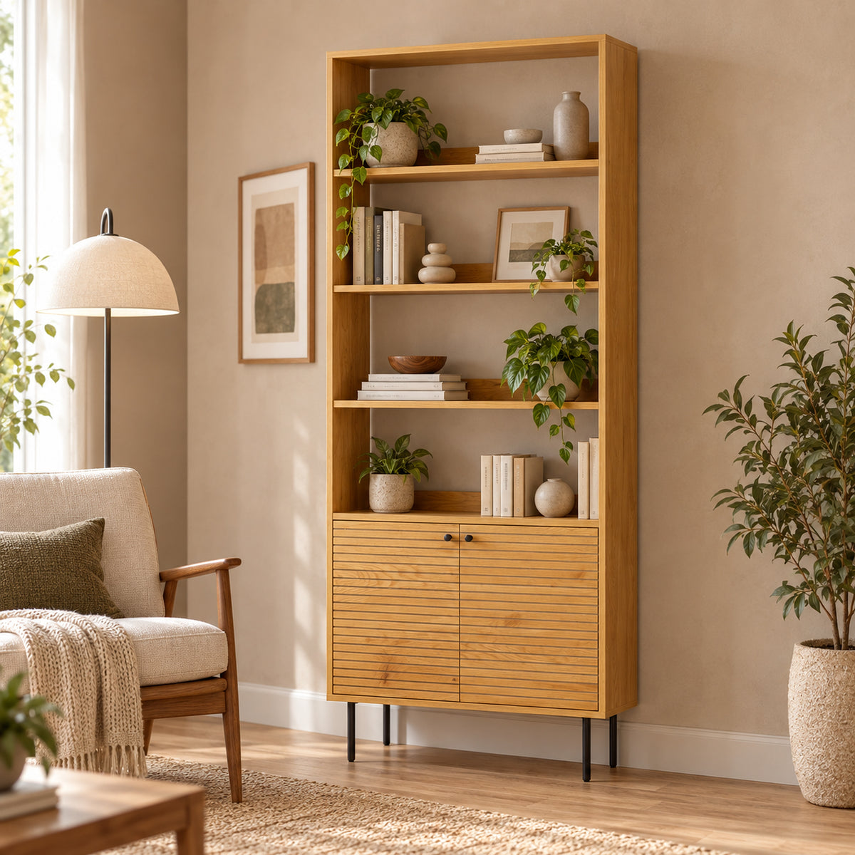 Line 80cm 2 Door Bookshelf Oak and Black, in a living room styled with books and plants
