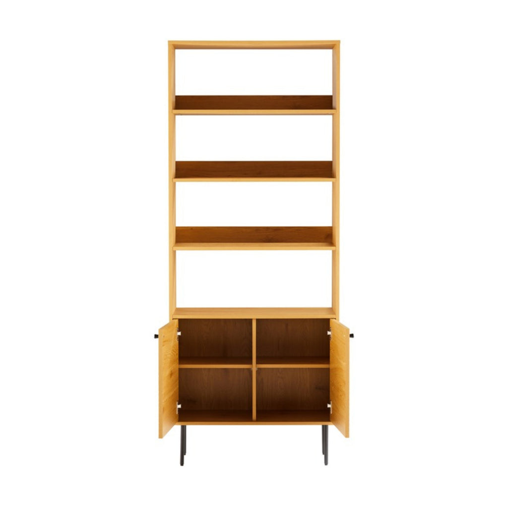 Line 80cm 2 Door Bookshelf Oak and Black, front view with the doors open
