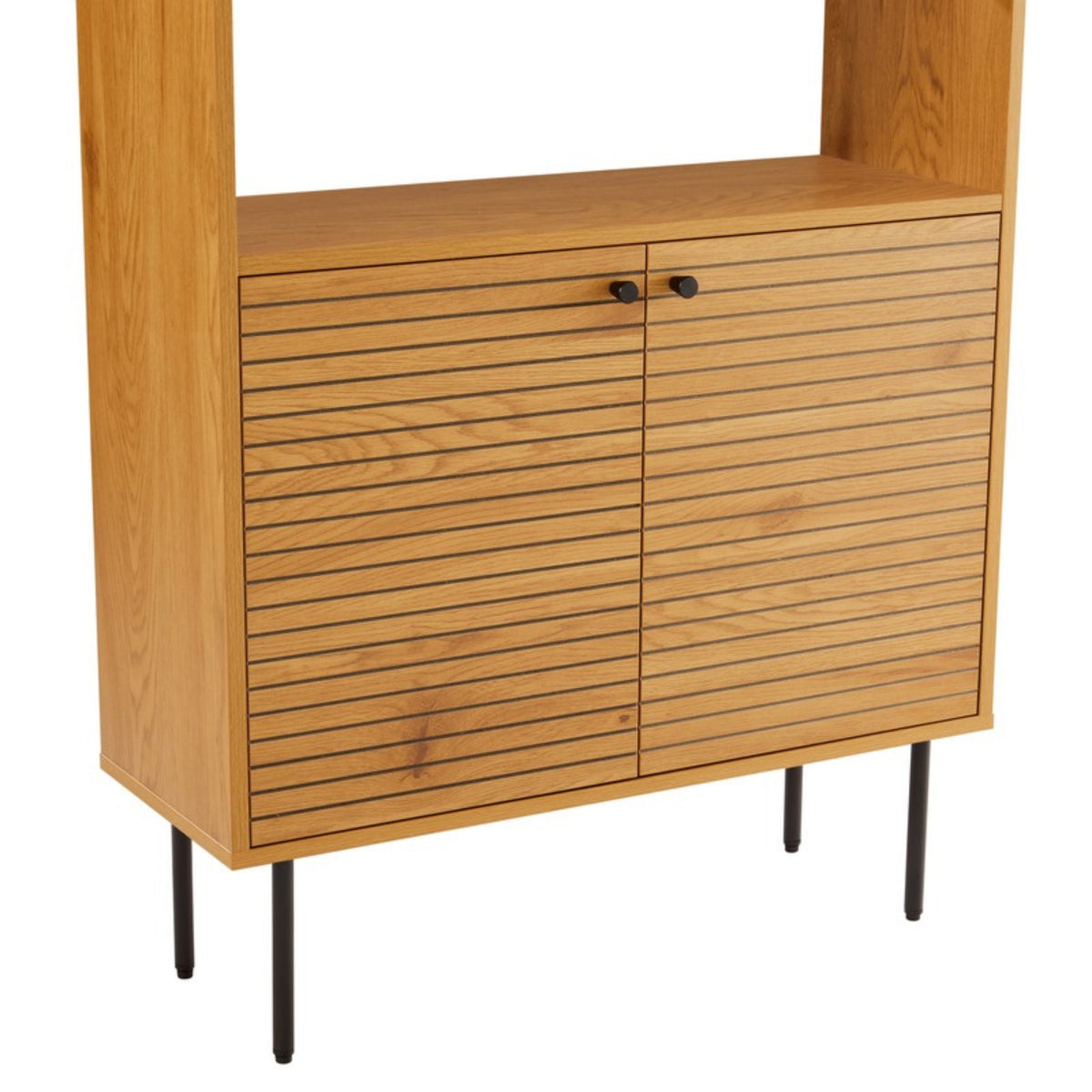 Line 80cm 2 Door Bookshelf Oak and Black, close-up of the grooved doors