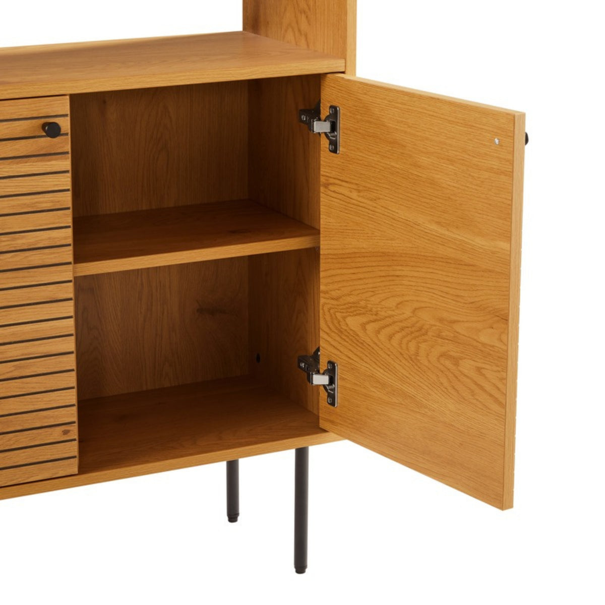 Line 80cm 2 Door Bookshelf Oak and Black, close-up of an open door and shelf