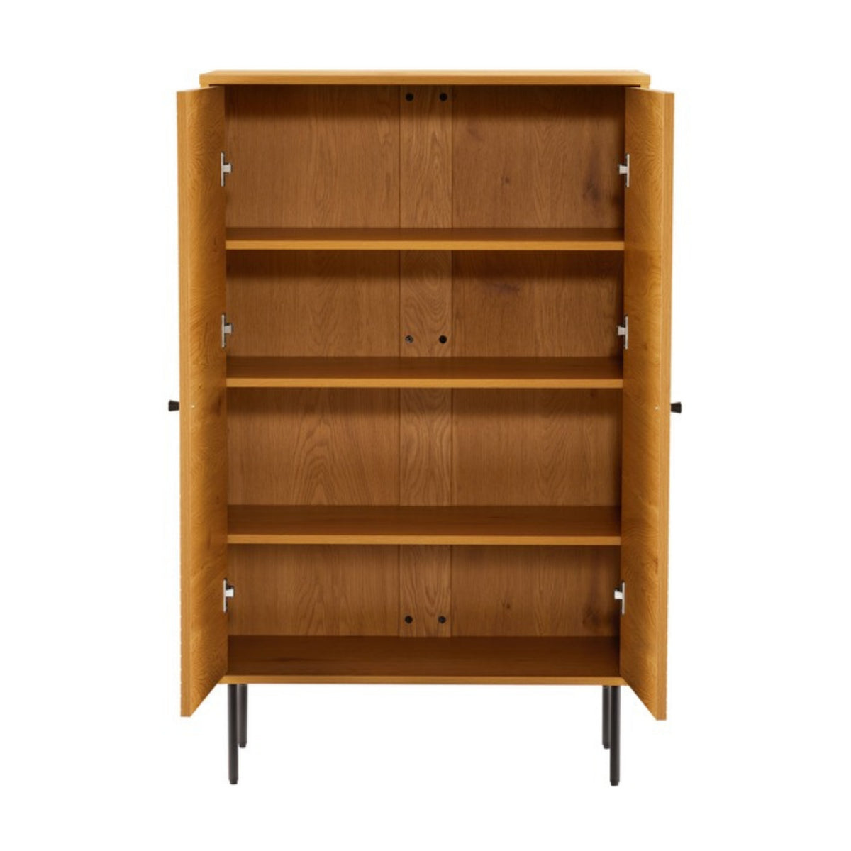 Line 80cm Highboard Storage Cabinet Oak and Black, front view with the doors open