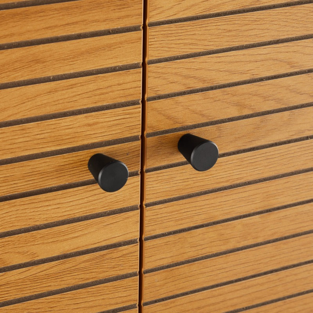 Line 80cm Highboard Storage Cabinet Oak and Black, close-up of the knobs