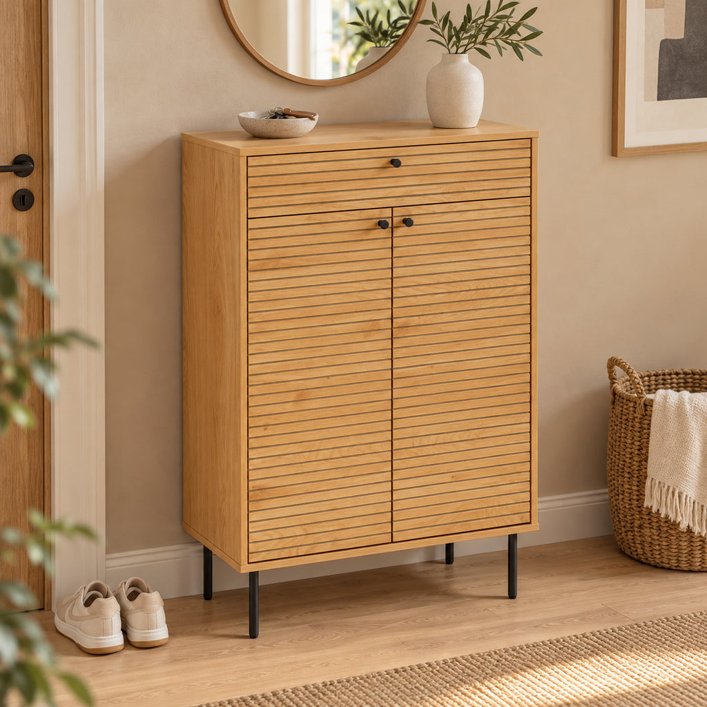 Line 80cm Shoe Cabinet Oak and Black, in an entry hallway beneath a round mirror