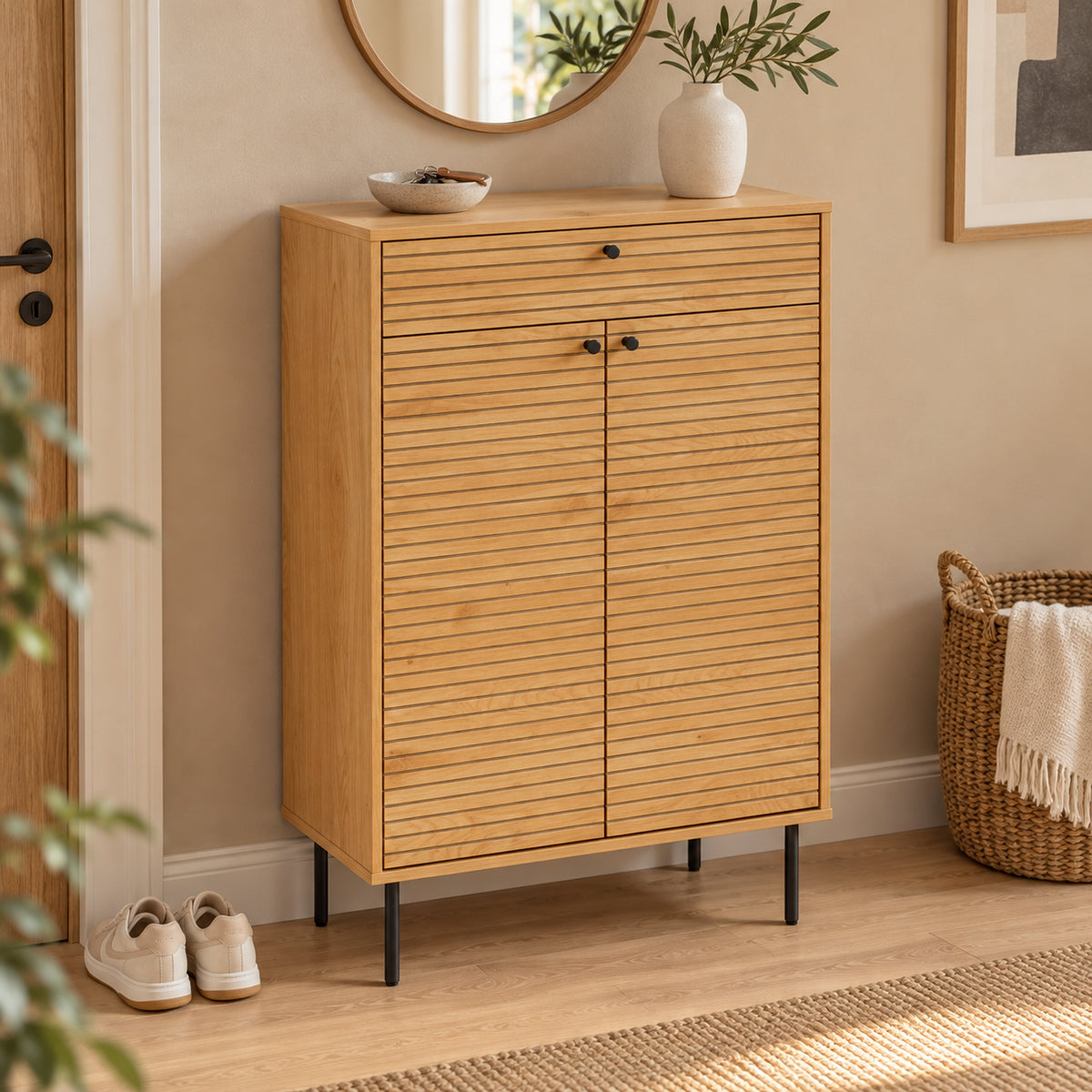 Line 80cm Shoe Cabinet Oak and Black, in an entry hallway beneath a round mirror