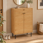 Line 80cm Shoe Cabinet Oak and Black, in an entry hallway beneath a round mirror