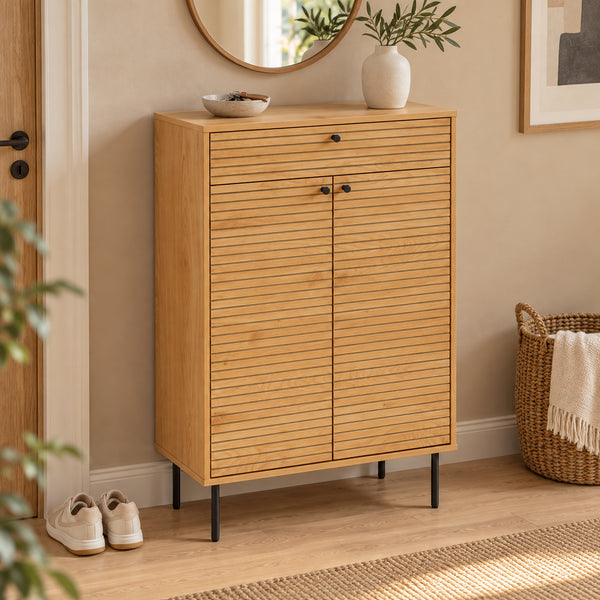 Line 80cm Shoe Cabinet Oak and Black, in an entry hallway beneath a round mirror