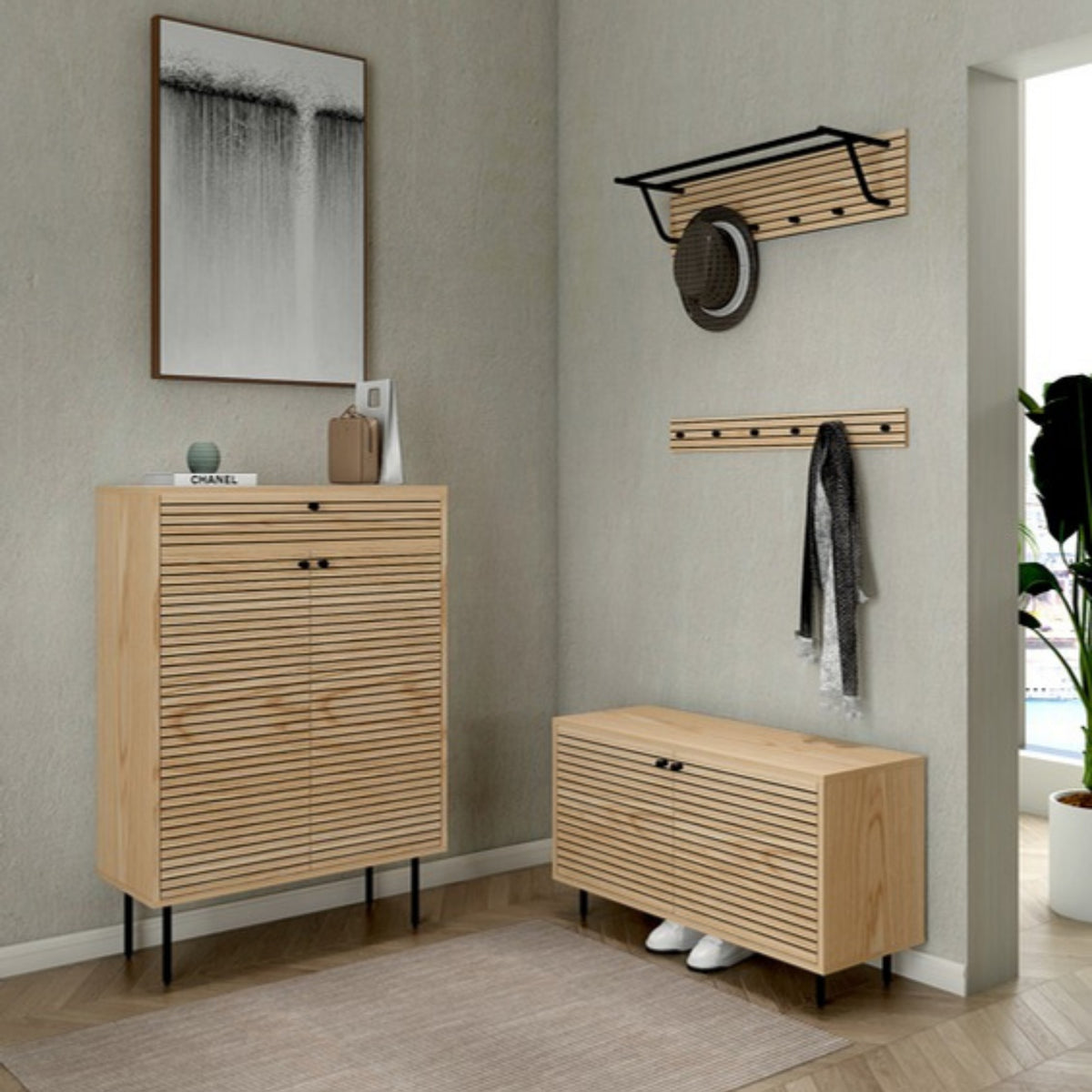 Line 80cm Shoe Cabinet Oak and Black, in an entry hallway with a coat rack and bench
