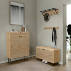 Line 80cm Shoe Cabinet Oak and Black, in an entry hallway with a coat rack and bench