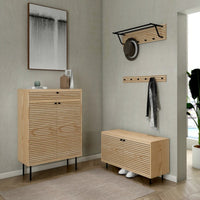 Line 80cm Shoe Cabinet Oak and Black, in an entry hallway with a coat rack and bench