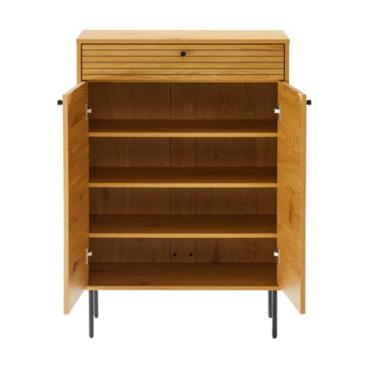 Line 80cm Shoe Cabinet Oak and Black, front view with the doors open showing the shoe shelves