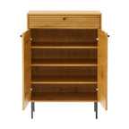 Line 80cm Shoe Cabinet Oak and Black, front view with the doors open showing the shoe shelves
