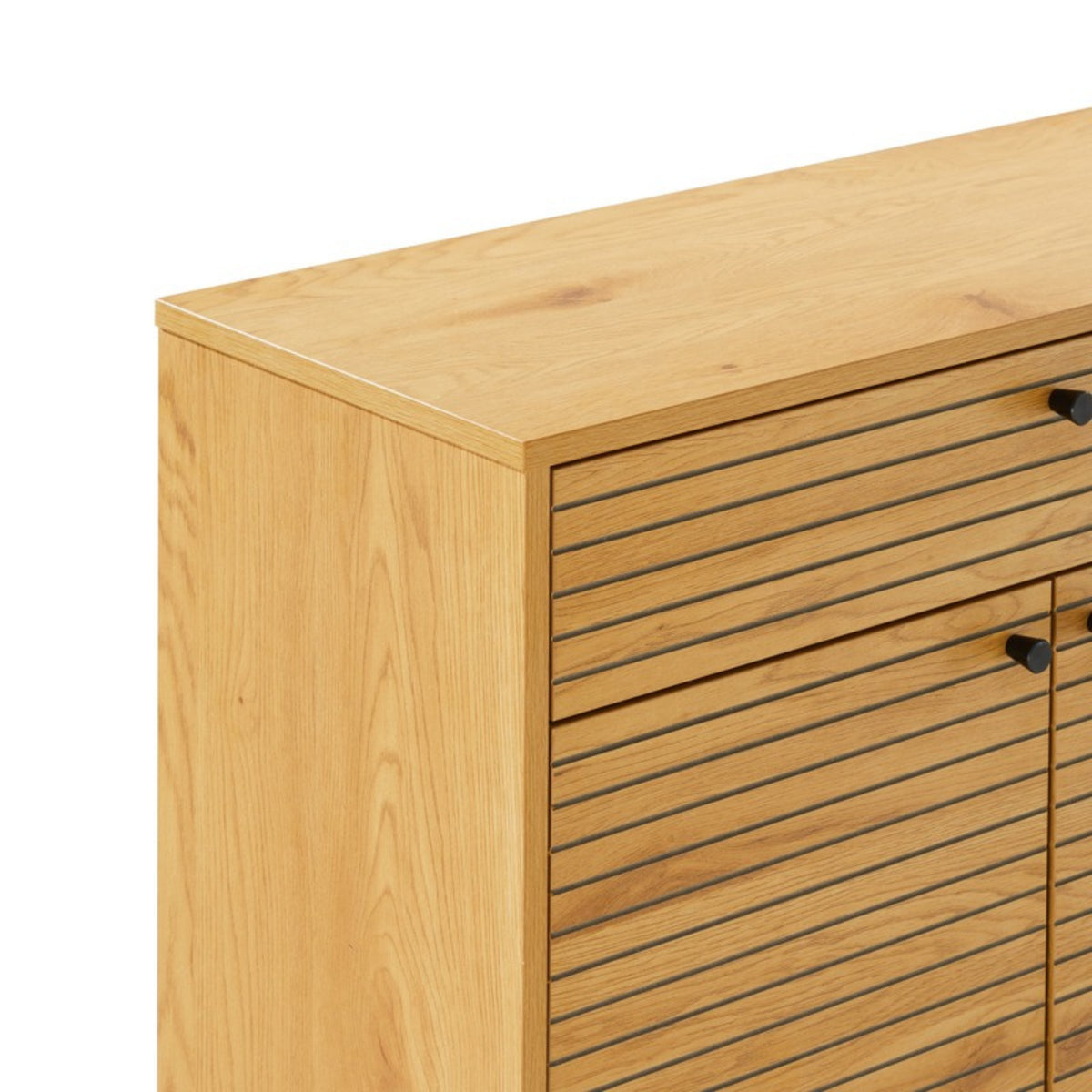 Line 80cm Shoe Cabinet Oak and Black, close-up of the top and grooved front