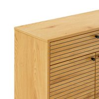 Line 80cm Shoe Cabinet Oak and Black, close-up of the top and grooved front