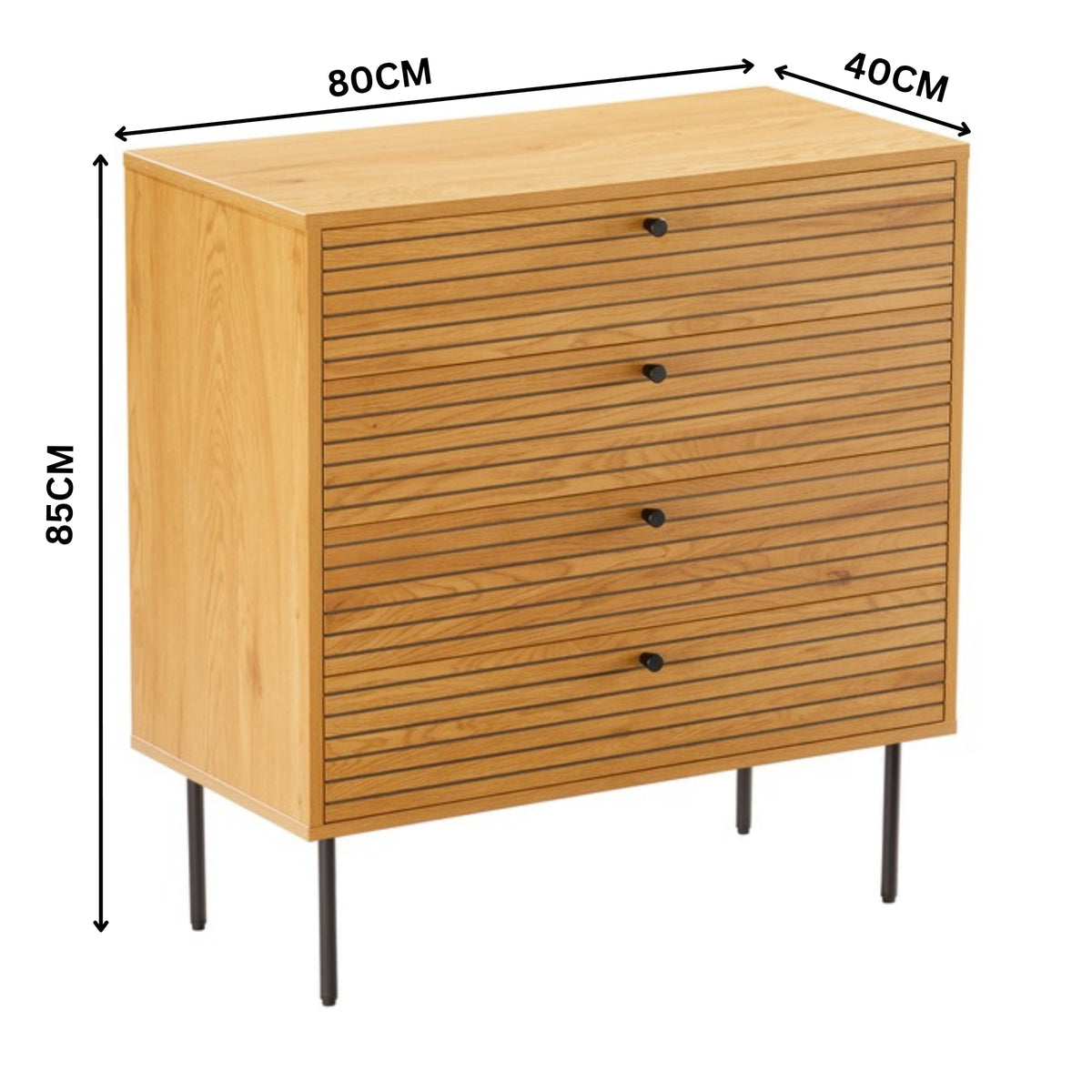Line 80cm Tallboy Chest of 4 Drawers Oak and Black — dimensions diagram