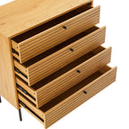 Line 80cm Tallboy Chest of 4 Drawers Oak and Black, angled view with the drawers open