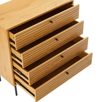 Line 80cm Tallboy Chest of 4 Drawers Oak and Black, angled view with the drawers open