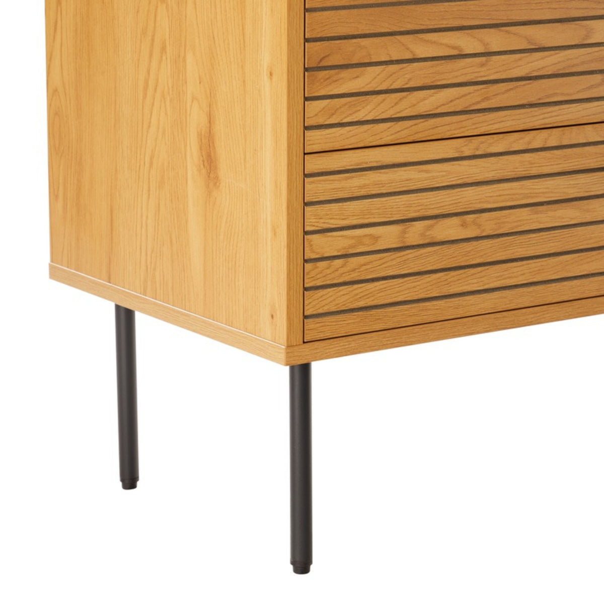Line 80cm Tallboy Chest of 4 Drawers Oak and Black, close-up of the side and legs