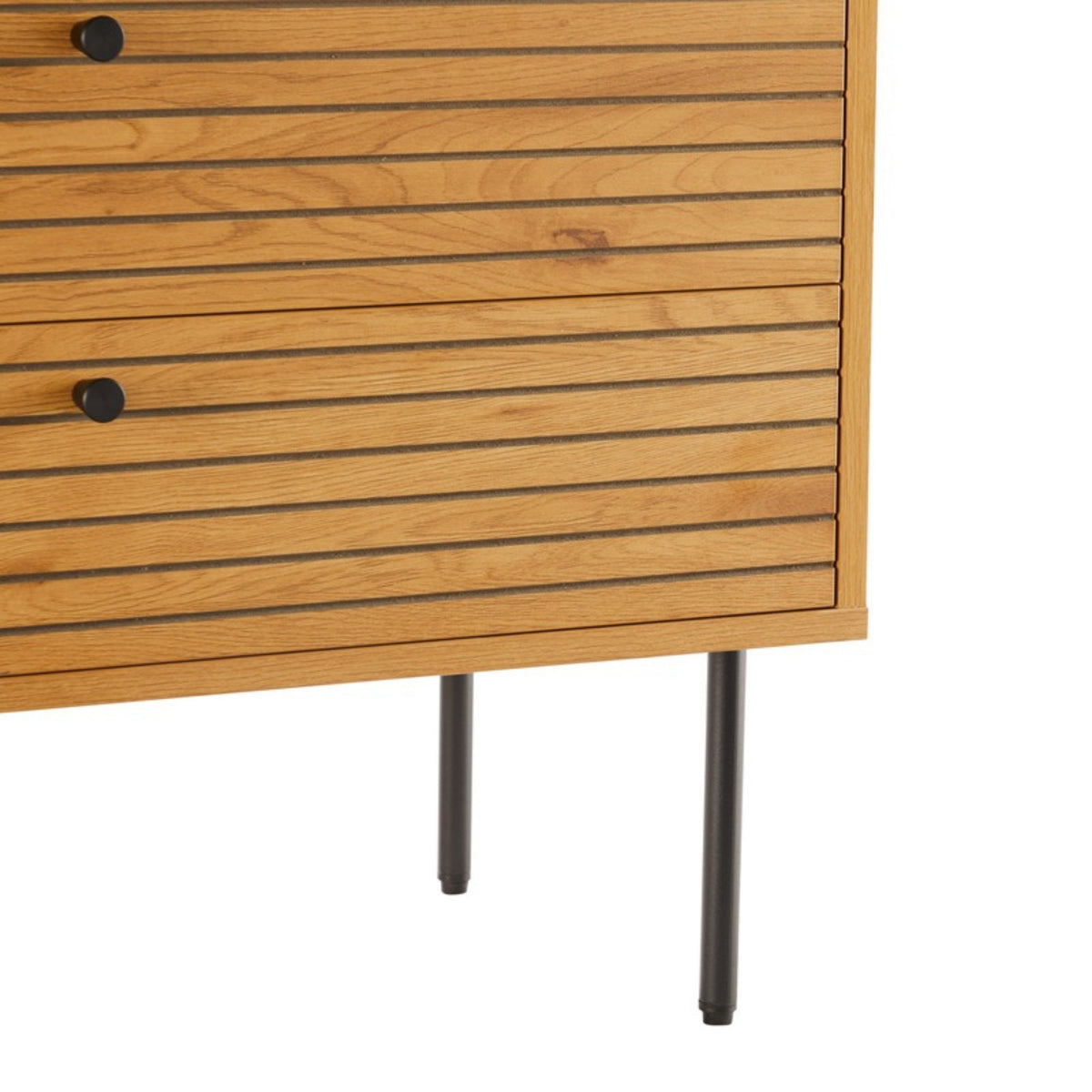 Line 80cm Tallboy Chest of 4 Drawers Oak and Black, close-up of the grooved drawer fronts