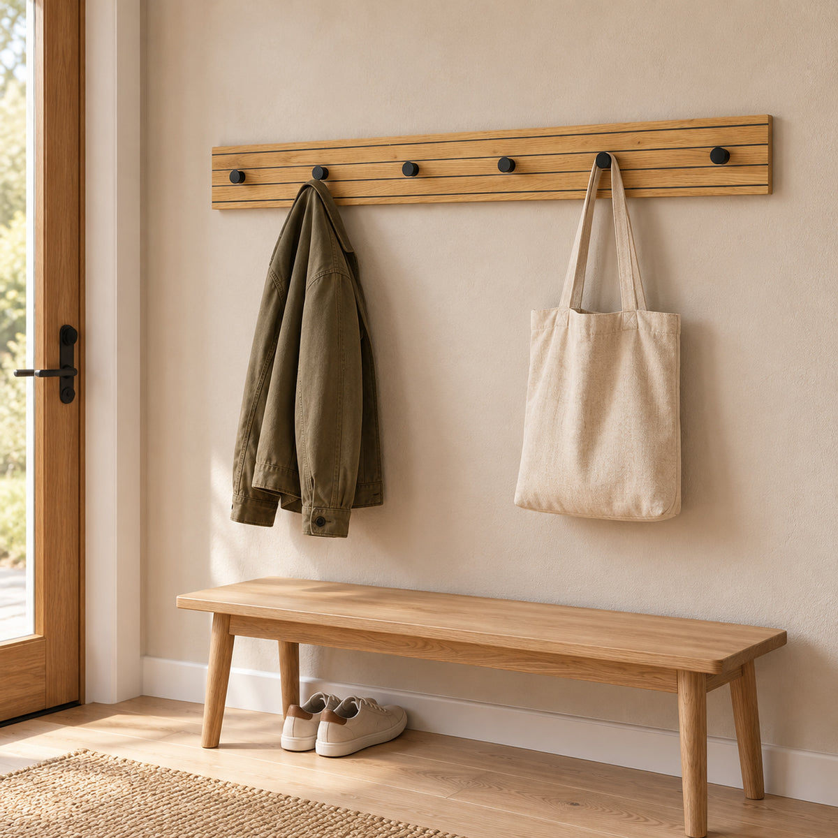 Line 80cm Wall Coat Rack Oak and Black, in an entry hallway with a jacket and tote bag on its knobs
