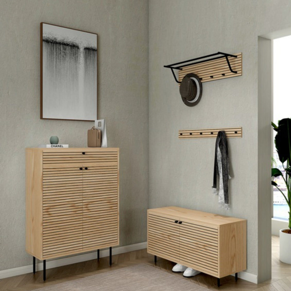 Line 80cm Wall Coat Rack Oak and Black, in an entry hallway with a matching shoe cabinet
