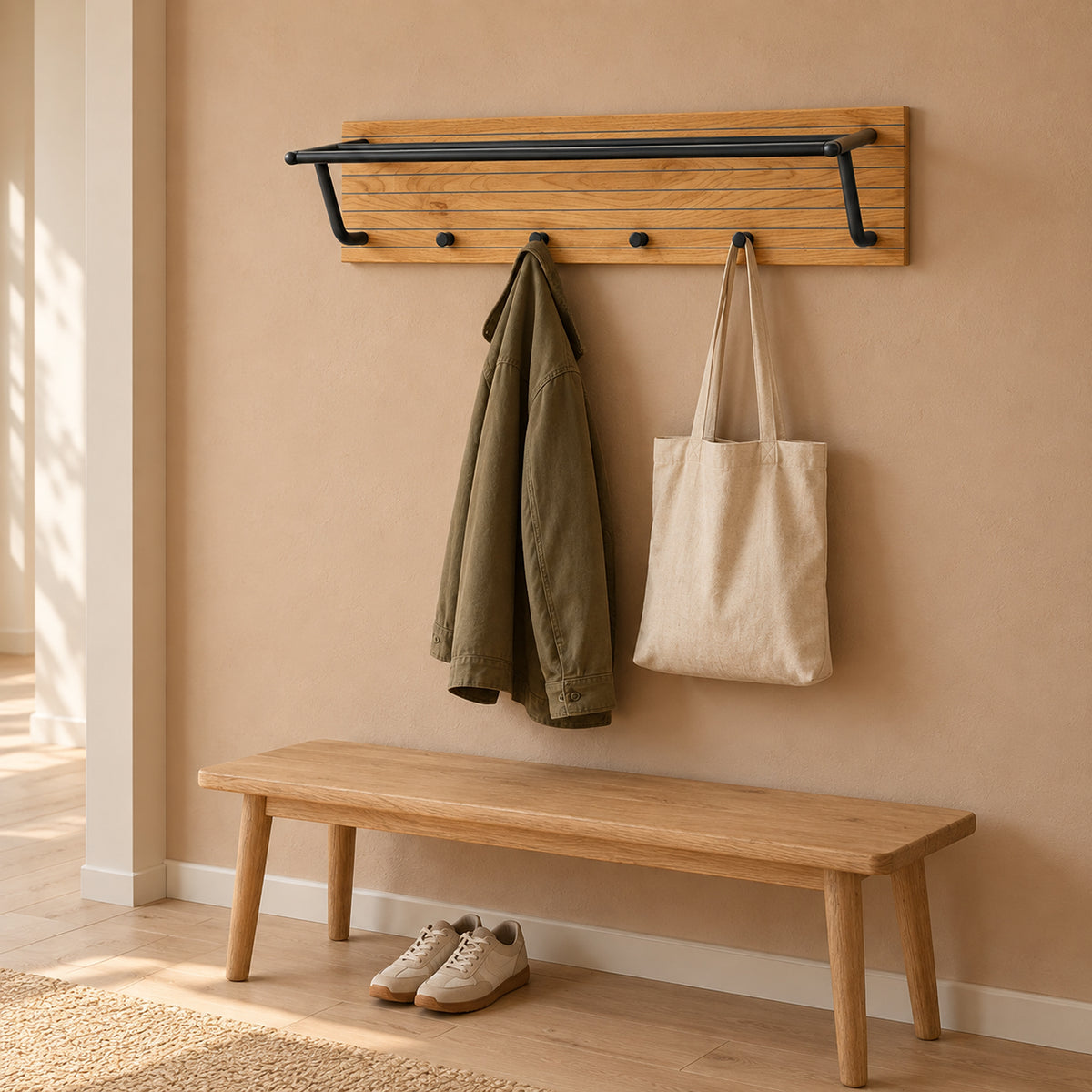 Line 80cm Wall Coat Rack with Shelf Oak and Black, in an entry hallway with a jacket and tote bag on its hooks