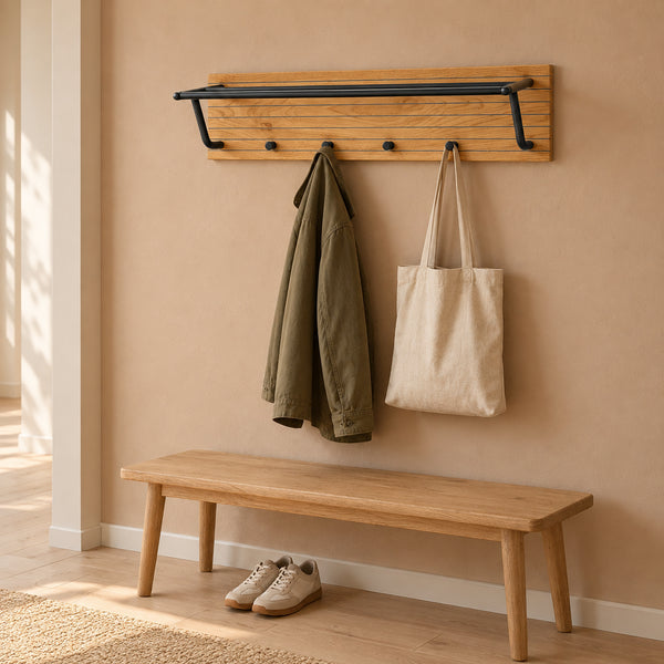 Line 80cm Wall Coat Rack with Shelf Oak and Black, in an entry hallway with a jacket and tote bag on its hooks
