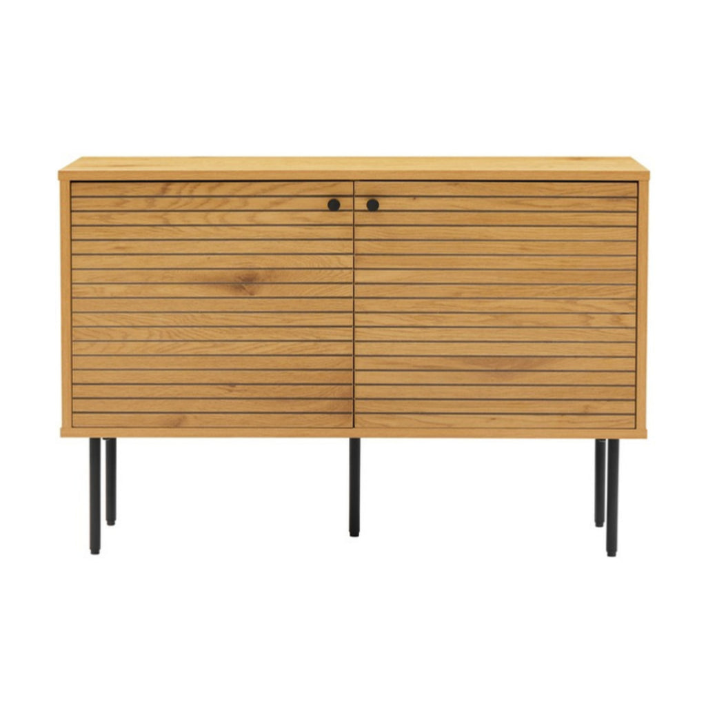 Line 94cm 2 Door Bench Cabinet Oak and Black, front view on a white background