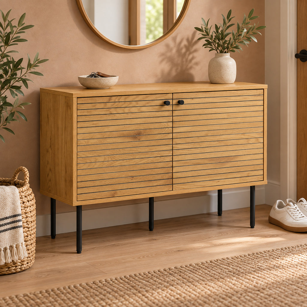 Line 94cm 2 Door Bench Cabinet Oak and Black, in an entry hallway beneath a round mirror