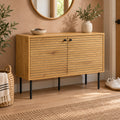 Line 94cm 2 Door Bench Cabinet Oak and Black, in an entry hallway beneath a round mirror