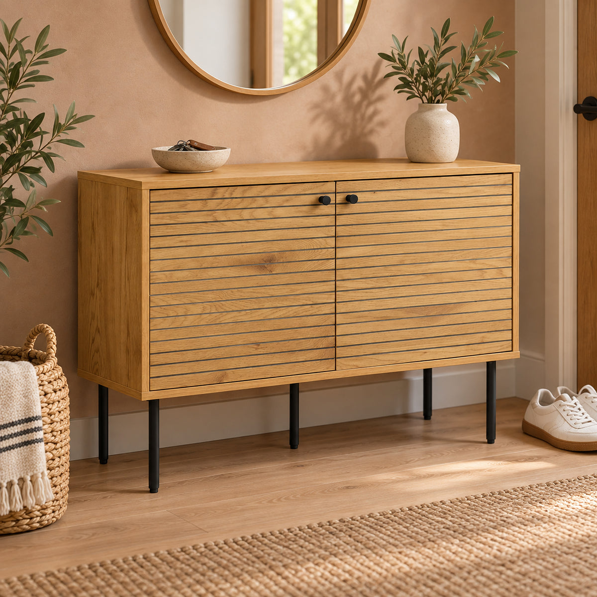 Line 94cm 2 Door Bench Cabinet Oak and Black, in an entry hallway beneath a round mirror