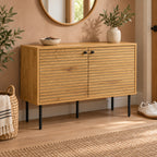 Line 94cm 2 Door Bench Cabinet Oak and Black, in an entry hallway beneath a round mirror