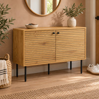 Line 94cm 2 Door Bench Cabinet Oak and Black, in an entry hallway beneath a round mirror