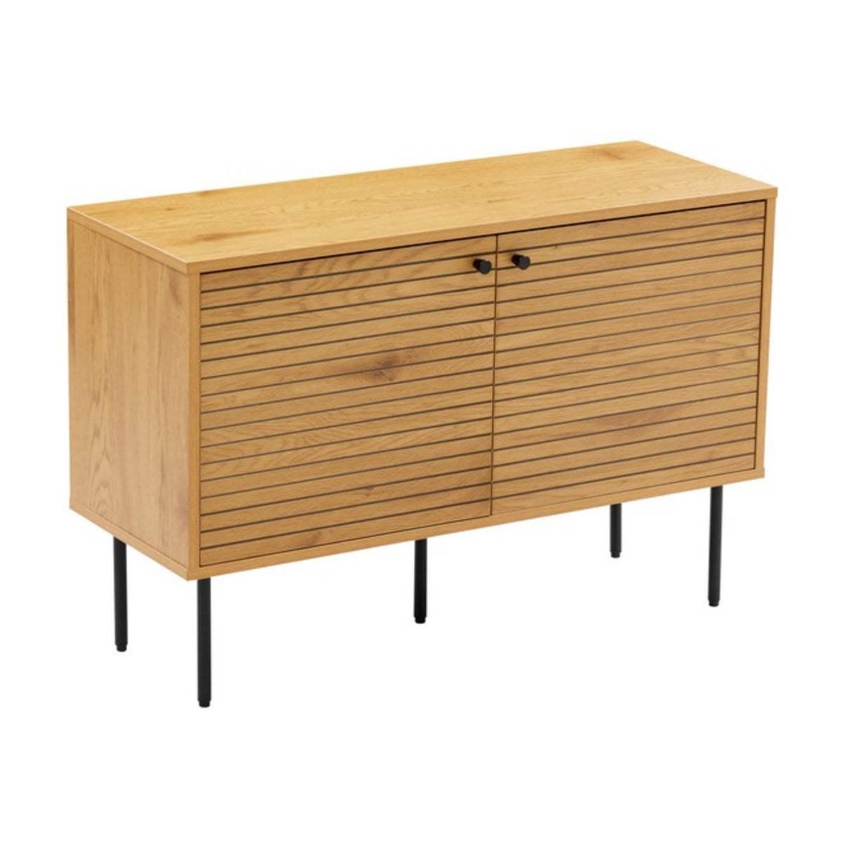 Line 94cm 2 Door Bench Cabinet Oak and Black, angled view of the grooved doors