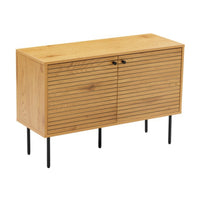 Line 94cm 2 Door Bench Cabinet Oak and Black, angled view of the grooved doors