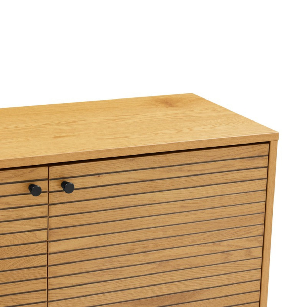 Line 94cm 2 Door Bench Cabinet Oak and Black, close-up of the top and grooved doors
