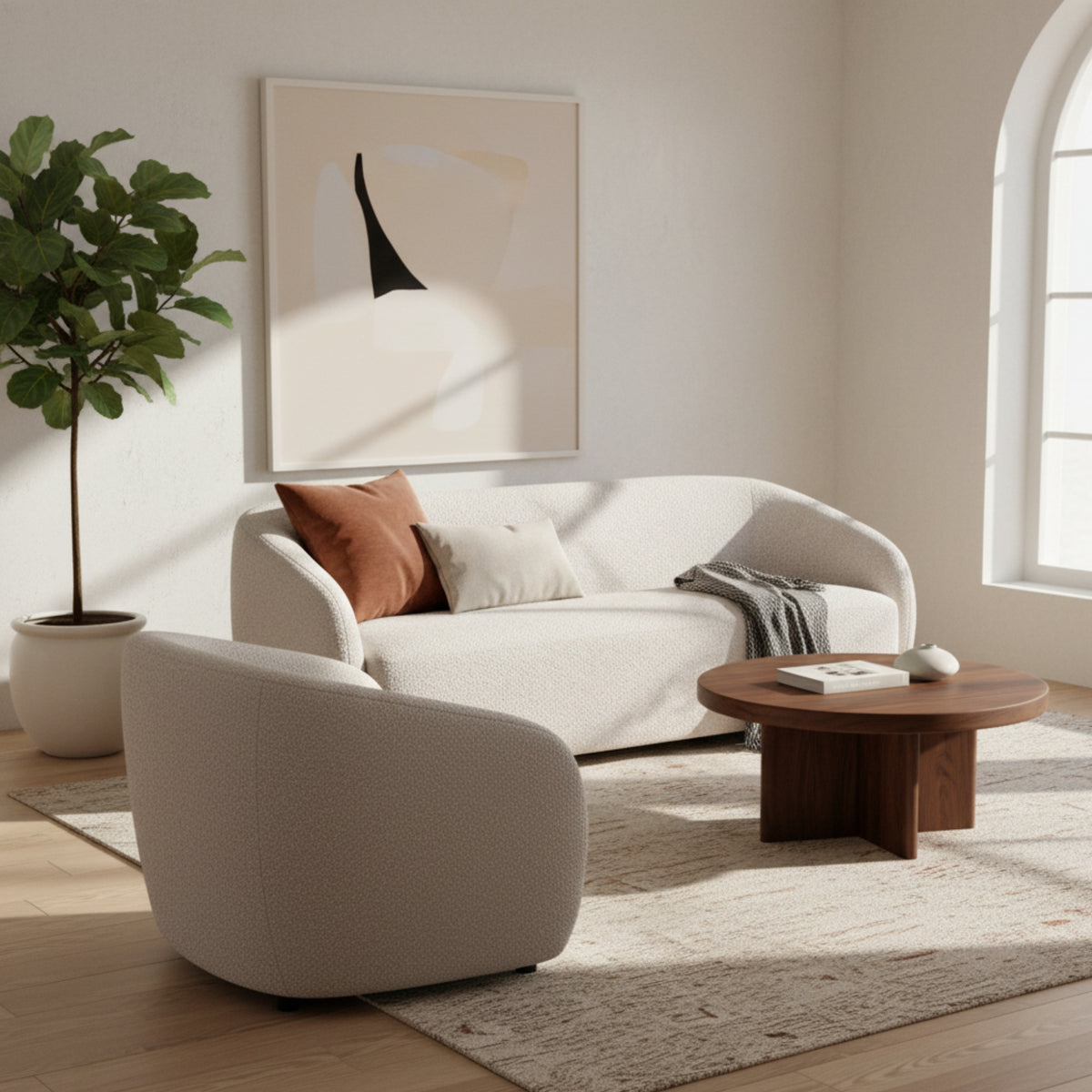 Marcel 1 + 3  Set Seater Armchair Boucle Fabric Sofa Quartz Beige