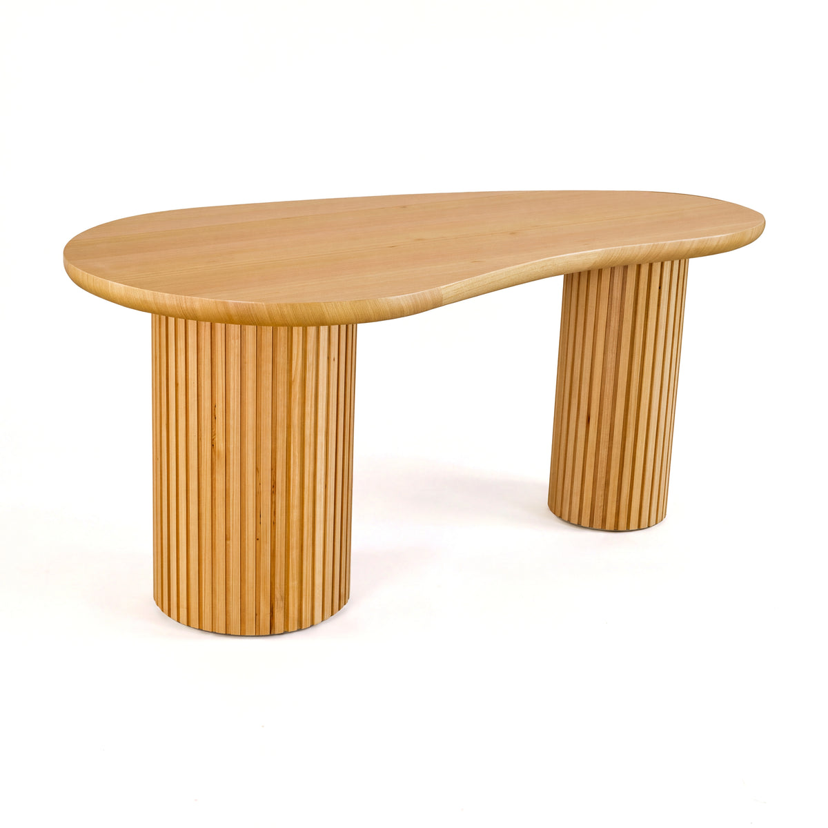 Marty 170cm Home Office Desk Natural, three-quarter view on a white background showing the kidney-shaped top and two fluted drum legs