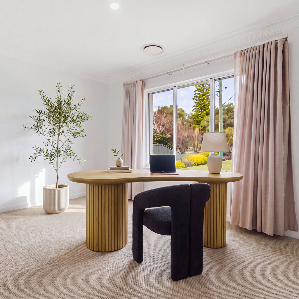 Marty 170cm Home Office Desk Natural in a bright study with an olive tree and a window to the garden, wide view