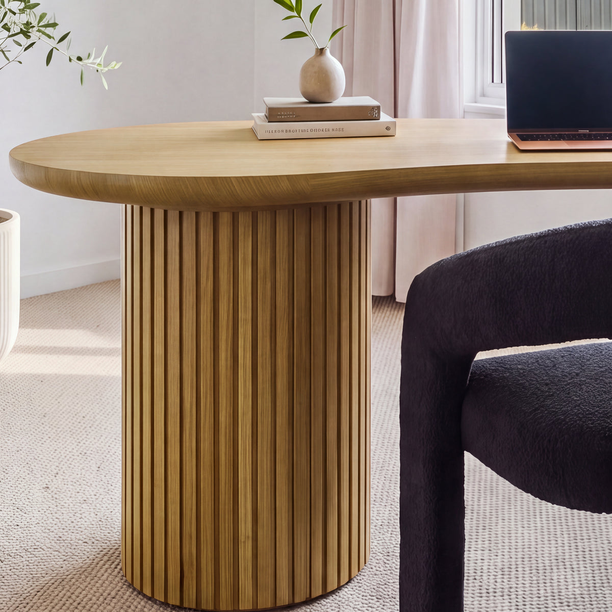 Marty 170cm Home Office Desk Natural, close view of a fluted drum leg and the rounded top edge