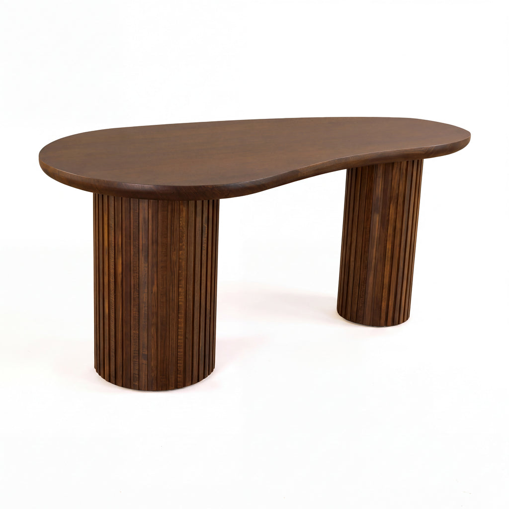 Marty 170cm Home Office Desk Walnut, three-quarter view on a white background showing the kidney-shaped top and two fluted drum legs
