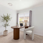 Marty 170cm Home Office Desk Walnut in a bright study with an olive tree and a window with blinds, wide view