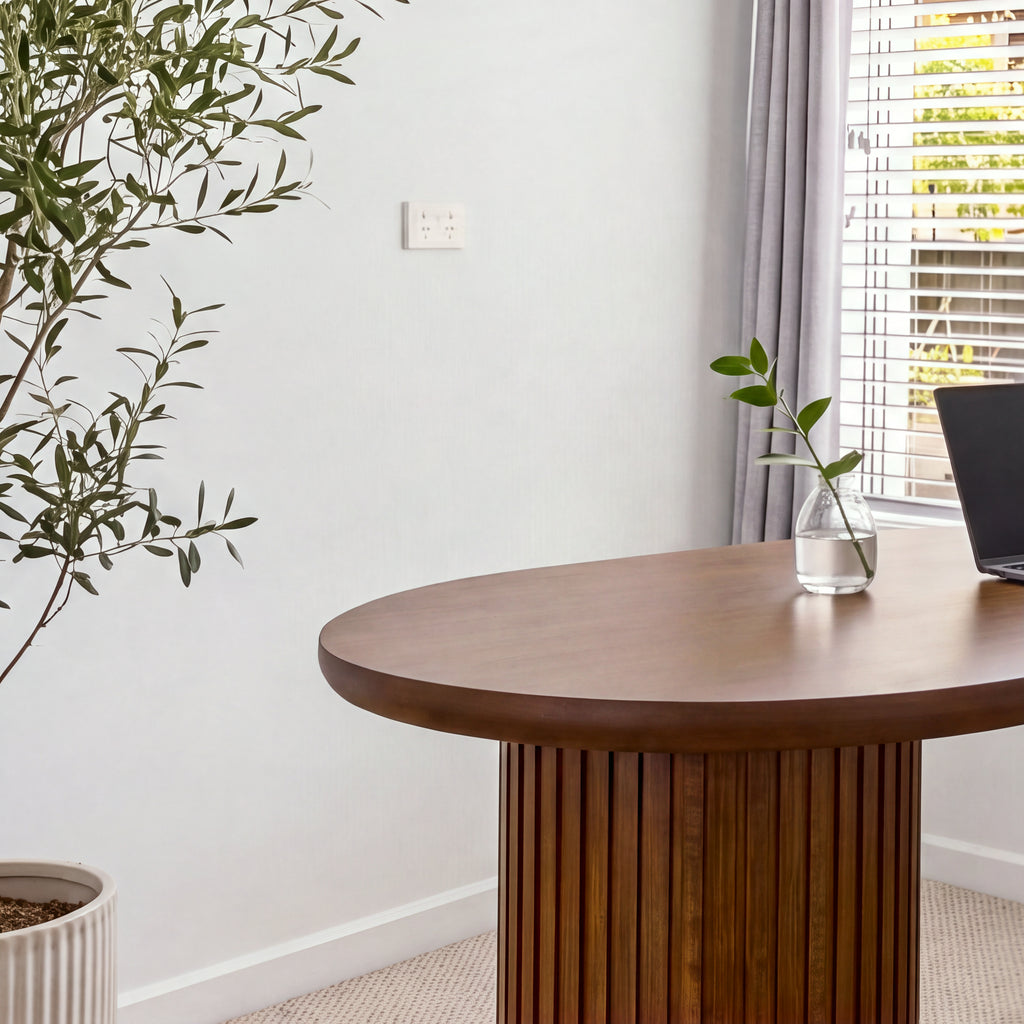 Marty 170cm Home Office Desk Walnut, close view of a fluted drum leg and the rounded top edge