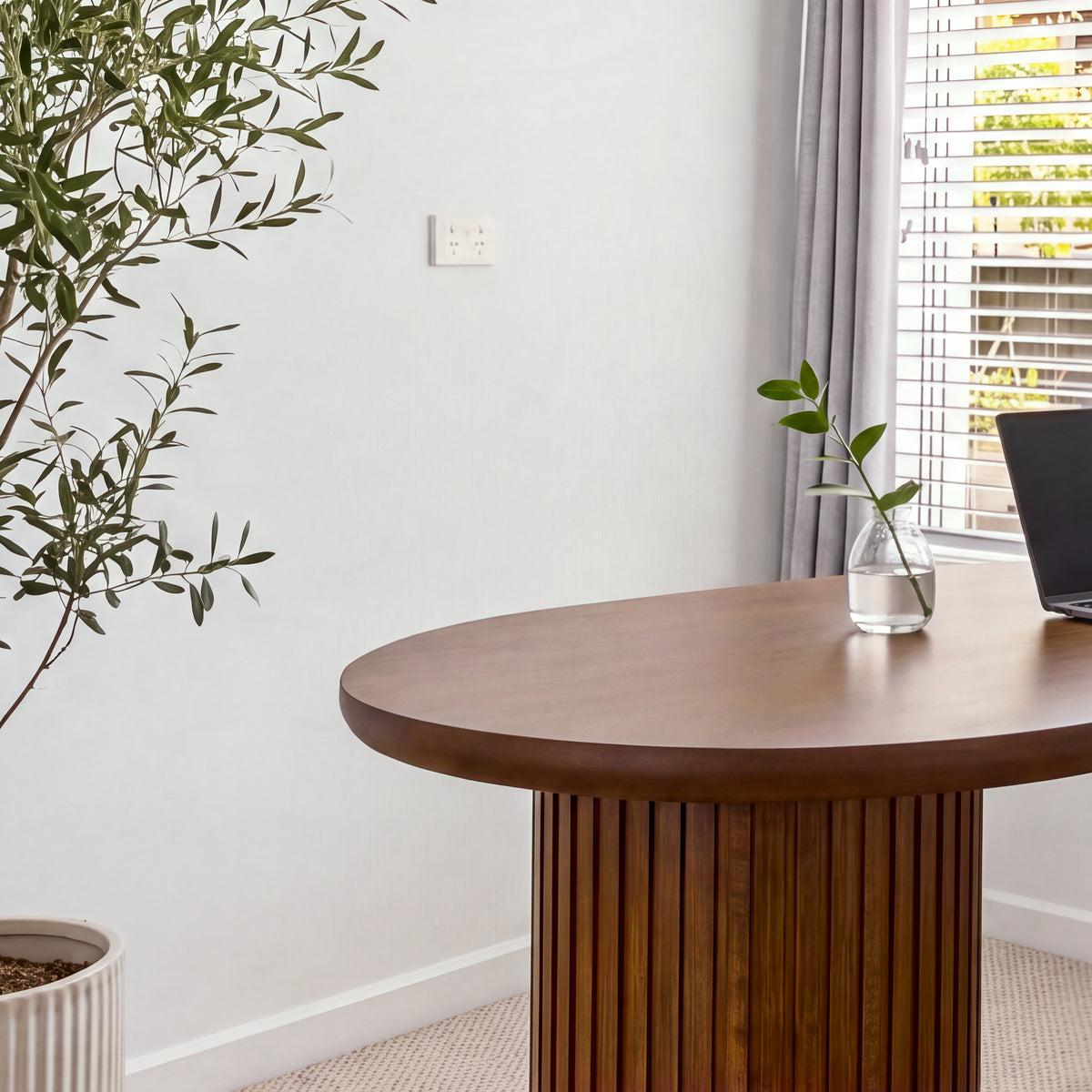 Marty 170cm Home Office Desk Walnut, close view of a fluted drum leg and the rounded top edge