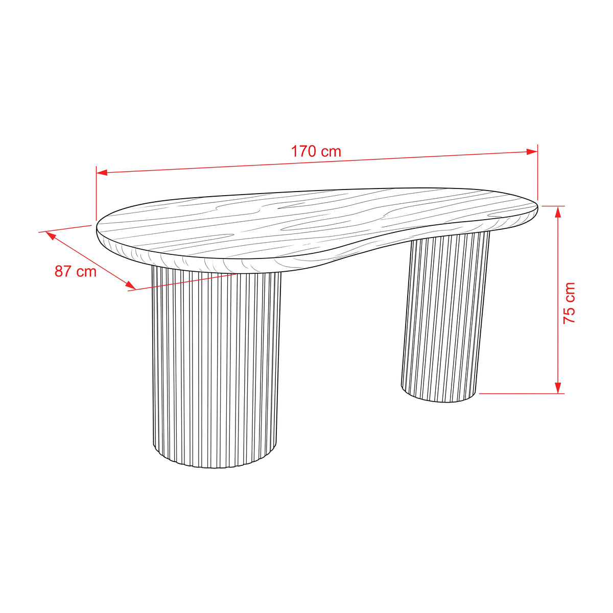Marty 170cm Home Office Desk Walnut, dimension drawing: 170 cm wide, 87 cm deep, 75 cm high